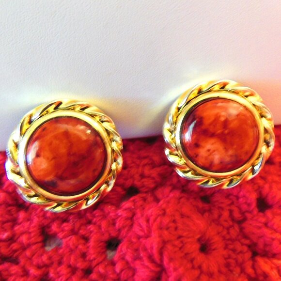 RED CORAL and BRAIDED GOLD PIERCED EARRINGS - Picture 1 of 3